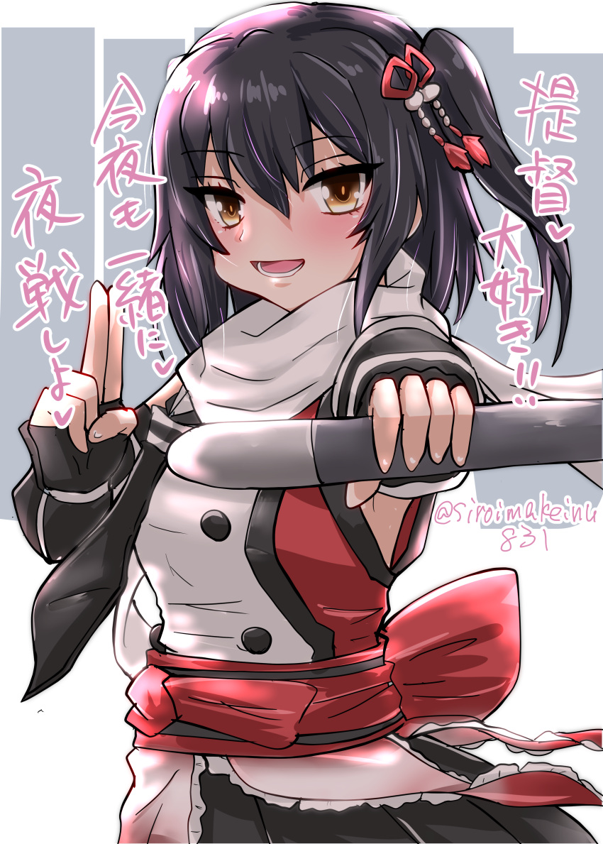 1girl absurdres background_text black_gloves black_hair black_skirt brown_eyes character_name commentary_request cowboy_shot elbow_gloves fingerless_gloves gloves highres holding holding_torpedo kantai_collection kitahama_(siroimakeinu831) kuji-in long_hair looking_at_viewer ninja one-hour_drawing_challenge scarf school_uniform sendai_(kancolle) sendai_kai_ni_(kancolle) serafuku skirt solo torpedo translation_request twitter_username two_side_up white_background white_scarf