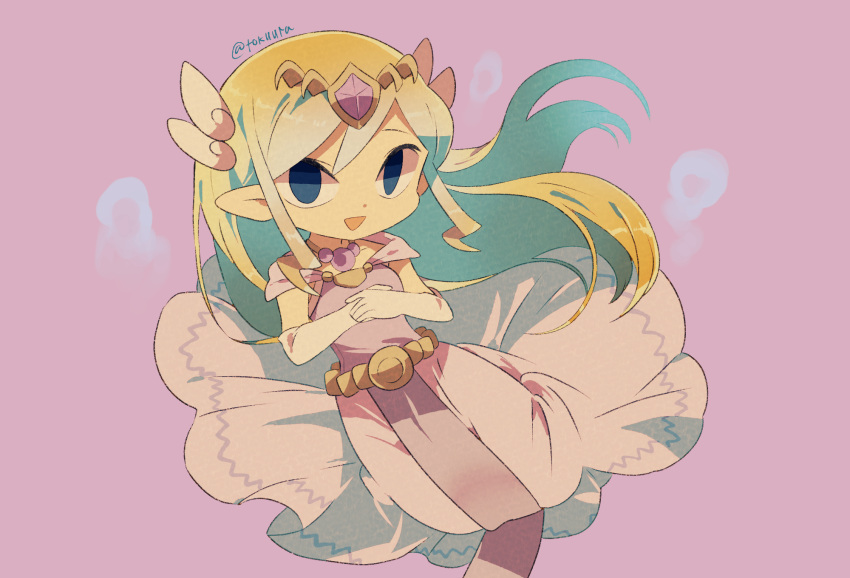 1girl artist_name back belt blonde_hair blue_eyes blush dress floating_hair gloves highres jewelry long_hair looking_at_viewer multicolored_hair necklace pink_dress princess_zelda solo the_legend_of_zelda the_legend_of_zelda:_spirit_tracks the_legend_of_zelda:_the_wind_waker tiara tokuura toon_zelda