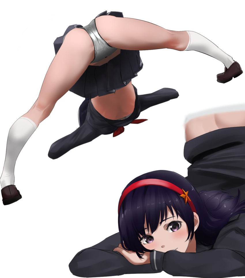 1girl arm_rest asamiya_athena ass black_serafuku black_skirt blush breasts brown_footwear hair_ornament hairband highres jack-o'_challenge long_hair looking_at_viewer meme multiple_views neckerchief panties pleated_skirt psycho_soldier purple_hair red_hairband red_neckerchief school_uniform serafuku shirt simple_background skirt snk star_(symbol) tama_(tamago) the_king_of_fighters top-down_bottom-up underwear white_background white_panties