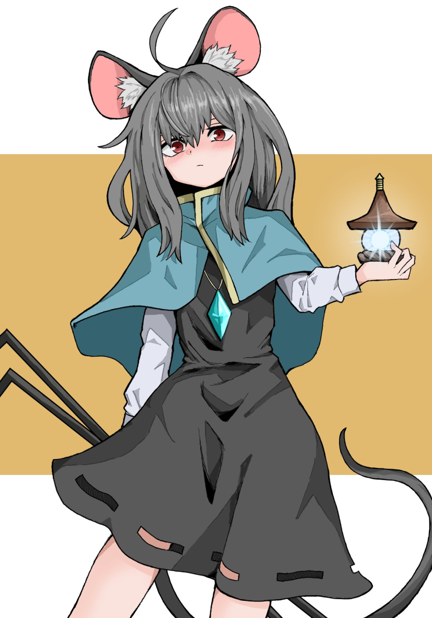 1girl ahoge alternate_hair_length alternate_hairstyle animal_ear_fluff animal_ears bangs bishamonten's_pagoda blue_capelet capelet closed_mouth cowboy_shot dowsing_rod dress fe_(tetsu) grey_dress grey_hair highres jewelry long_sleeves looking_at_viewer medium_hair mouse_ears mouse_girl mouse_tail multicolored_background nazrin pendant red_eyes simple_background solo standing tail touhou two-tone_background yellow_background