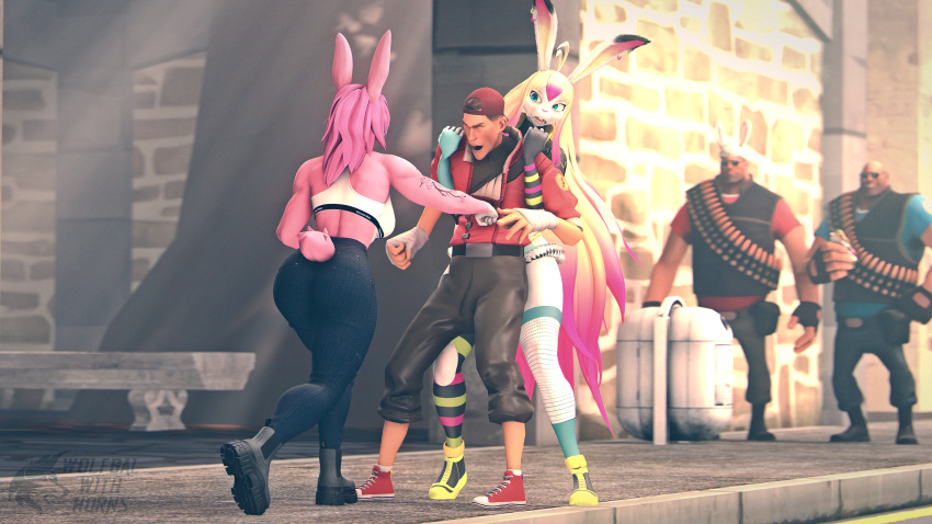 16:9 3d_(artwork) 4k abs absurd_res anthro arm_tattoo blonde_hair boots bottomwear clothing denim denim_clothing digital_media_(artwork) fan_character female fight fighting_pose food footwear fur group hair heavy_(team_fortress_2) hi_res hitting human humor jeans lagomorph legwear leporid ludexus lully_pop mammal muscular muscular_anthro muscular_female pants park pink_body pink_fur pink_hair pose rabbit sandwich_(food) sanvich scout_(team_fortress_2) source_filmmaker stockings tattoo team_fortress_2 valve video_games white_body widescreen zafy_takada_(ludexus)