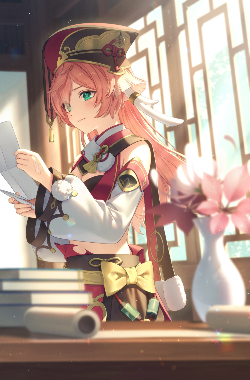 1girl akatsuki_(4941086) antlers bangs book book_stack bow breasts cleavage closed_mouth crop_top detached_sleeves flower from_side genshin_impact green_eyes hat highres holding holding_paper indoors long_hair midriff paper pink_hair sidelocks smile solo standing sunlight vase wide_sleeves yanfei_(genshin_impact) yellow_bow