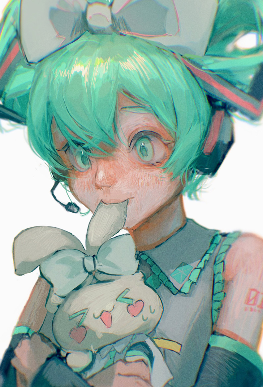 &gt;_&lt; 1girl alternate_hairstyle aqua_hair bangs bare_shoulders biting blue_bow blush blush_stickers bow cinnamiku cinnamoroll collared_shirt cosplay creature crossover detached_sleeves ear_biting ear_bow frills green_eyes green_hair green_necktie grey_shirt hair_bow hair_rings hatsune_miku hatsune_miku_(cosplay) headset highres holding holding_creature looking_away looking_down matching_outfit mouth_hold necktie number_tattoo sanrio shirt shoulder_tattoo simple_background sweat tattoo tied_ears updo upper_body uu0000322 vocaloid white_background