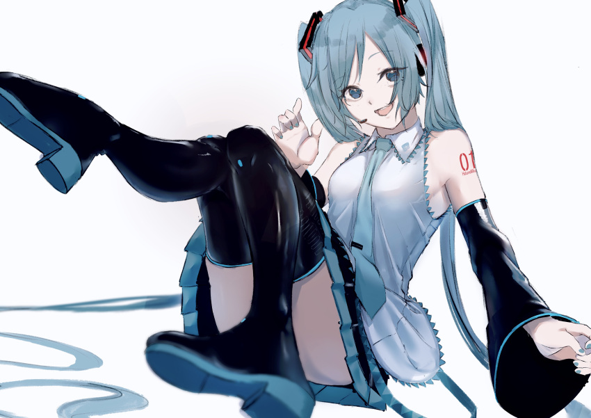 1girl :d absurdres black_skirt black_sleeves blue_eyes blue_hair blue_necktie blurry blurry_foreground boots collared_shirt detached_sleeves hatsune_miku headphones headset highres long_hair long_sleeves looking_at_viewer microphone miniskirt necktie open_mouth pleated_skirt potetoneko shirt simple_background sitting sketch skirt sleeveless sleeveless_shirt smile solo thigh_boots twintails very_long_hair vocaloid white_background white_shirt wing_collar zettai_ryouiki