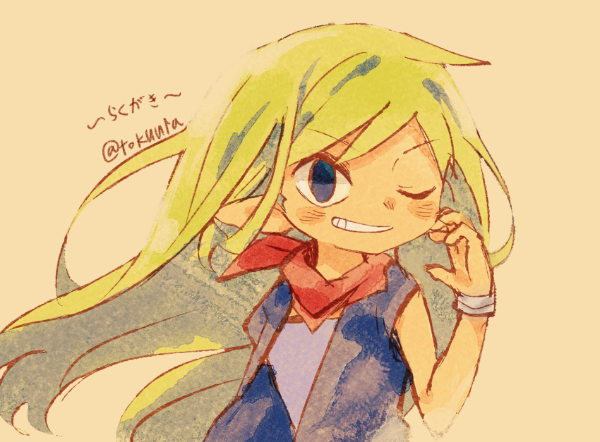 1girl alternate_costume blonde_hair commentary_request hair_down head_tilt jacket long_hair messy_hair neckerchief pointy_ears purple_shirt red_neckerchief shirt signature sleeveless sleeveless_jacket smile solo tan tetra the_legend_of_zelda the_legend_of_zelda:_the_wind_waker tokuura upper_body very_long_hair