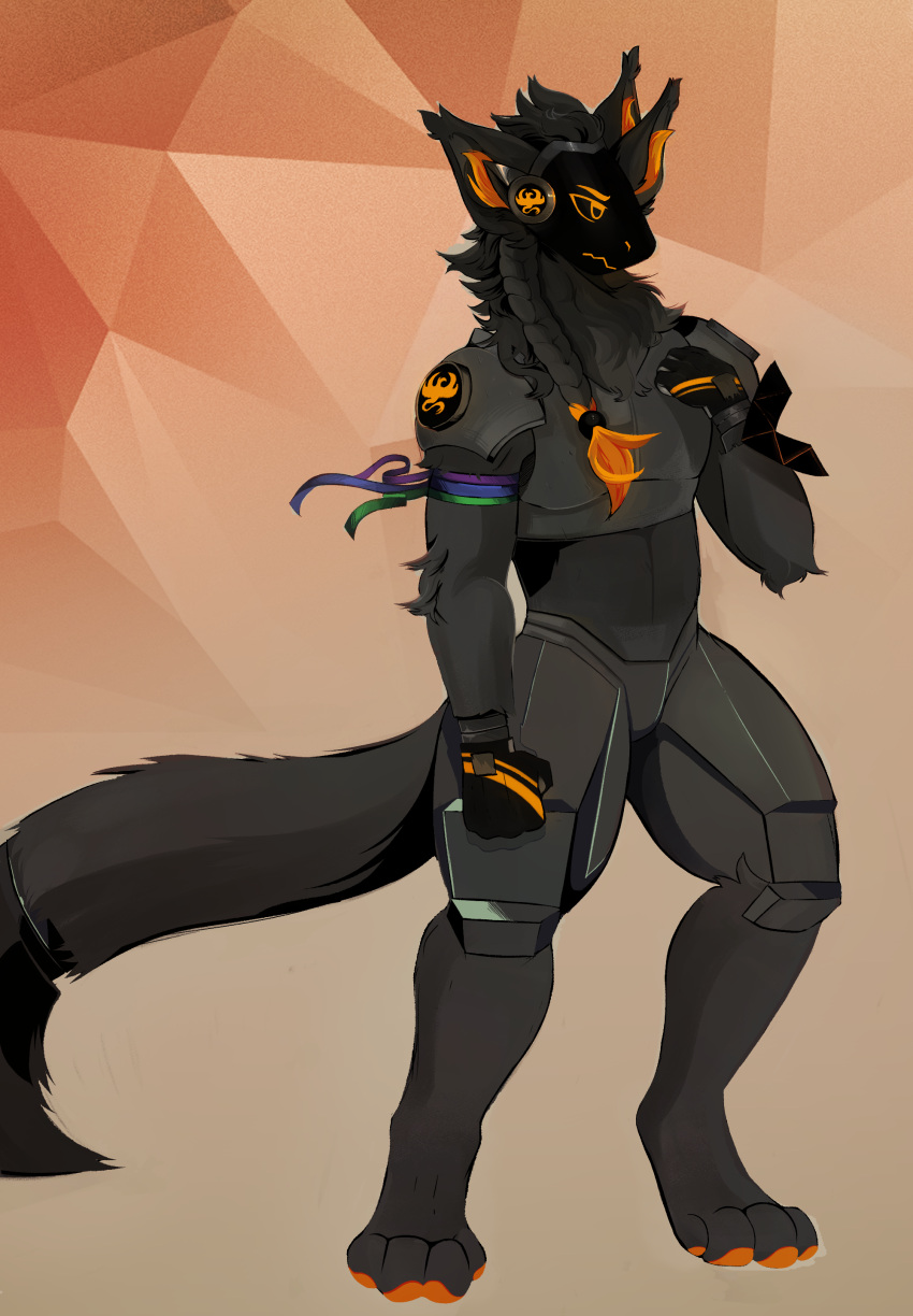 3_ears absurd_res anthro armband armor biped black_body black_fur boobomberry braided_hair clothing fur gloves hair handwear hi_res humanoid_hands inner_ear_fluff machine male multi_ear orange_pawpads pawpads protogen robot screen screen_face simple_background solo tensor_(davjo) tuft