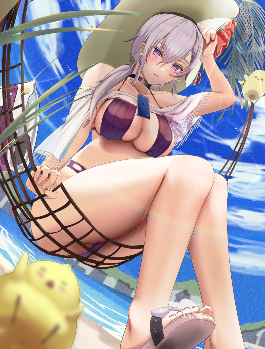 1girl azur_lane bag beach bikini black_choker blurry blurry_foreground breasts cafenami choker cross-laced_bikini cross-laced_clothes day dutch_angle earrings flower foot_out_of_frame from_below grey_hair hair_between_eyes hammock hat hat_flower highres jewelry large_breasts large_hat long_hair looking_at_viewer looking_down manjuu_(azur_lane) ocean official_alternate_costume outdoors palm_tree purple_bag purple_bikini purple_eyes red_flower reno_(azur_lane) reno_(summer_spin-off)_(azur_lane) sandals sitting solo swimsuit tree water
