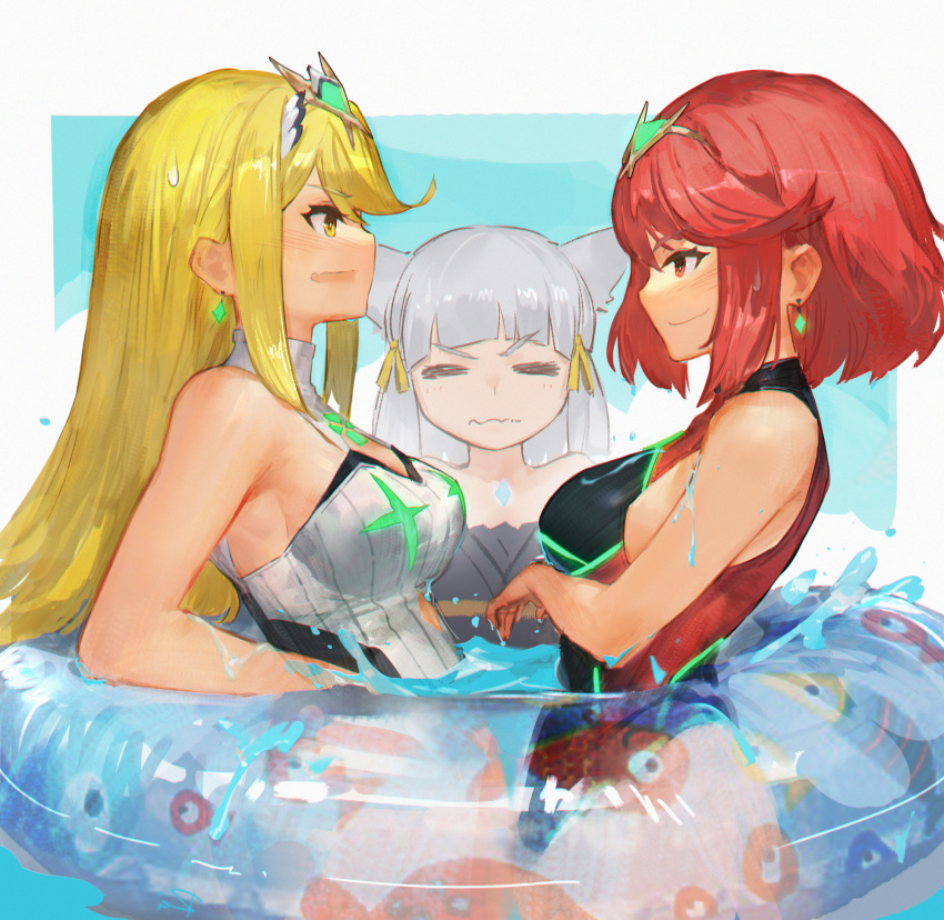 3girls bangs black_swimsuit breasts chest_jewel competition_swimsuit daible highres large_breasts multiple_girls mythra_(radiant_beach)_(xenoblade) mythra_(xenoblade) one-piece_swimsuit pyra_(pro_swimmer)_(xenoblade) pyra_(xenoblade) red_eyes red_hair red_swimsuit ribbed_swimsuit short_hair strapless strapless_swimsuit striped striped_swimsuit swept_bangs swimsuit two-tone_swimsuit vertical-striped_swimsuit vertical_stripes xenoblade_chronicles_(series) xenoblade_chronicles_2