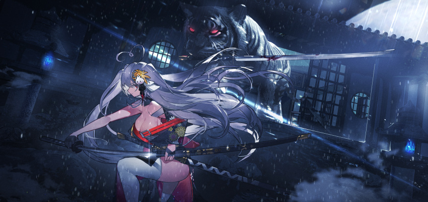 1girl absurdres ahoge bangs bare_shoulders black_gloves black_kimono blood blood_on_weapon breasts cleavage commentary_request detached_collar drawing_sword from_side gloves glowing glowing_eyes grey_hair hair_ornament half_gloves heart heart_ahoge highres holding holding_sword holding_weapon huge_ahoge japanese_clothes kanzashi katana kimono large_breasts long_hair looking_at_viewer looking_to_the_side mouth_hold multiple_swords niliu_chahui original outdoors red_eyes scabbard sheath snowing solo sword thighhighs thighs tiger tokisaki_mio two_side_up very_long_hair weapon white_thighhighs white_tiger