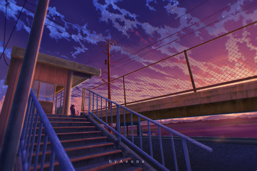 aeuna artist_name building cat chain-link_fence cloud commentary english_commentary fence highres mountain no_humans original outdoors power_lines purple_sky railing rural scenery sky stairs sunset utility_pole watermark