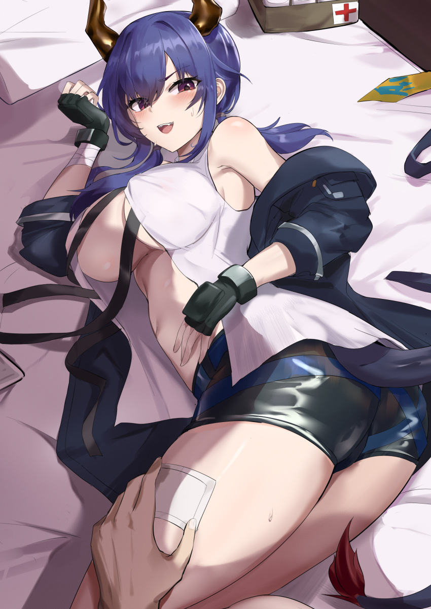 1boy 1girl absurdres arknights ass bangs bare_shoulders belt black_belt black_gloves black_jacket black_shorts blue_hair blush breasts ch'en_(arknights) commission dragon_girl dragon_horns dragon_tail english_commentary fingerless_gloves gloves hair_between_eyes half-closed_eyes hand_on_another's_thigh highres horns jacket large_breasts long_hair long_sleeves looking_at_viewer low_twintails lying necktie necktie_removed no_bra off_shoulder on_bed on_side open_clothes open_mouth open_shirt out_of_frame purple_eyes qianshui_baodan shirt short_shorts shorts sidelocks sleeveless sleeveless_shirt smile solo_focus sweat tail teeth thighs twintails white_shirt yellow_necktie
