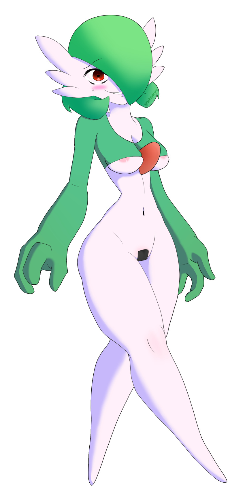 absurd_res alpha_channel blush bottomless breasts clothed clothing crop_top featureless_feet female gardevoir grin hair hair_over_eyes hi_res humanoid nintendo nipple_slip not_furry pok&eacute;mon pok&eacute;mon_(species) pussy_tape ralphlord shirt simple_background smile solo topwear transparent_background under_boob video_games