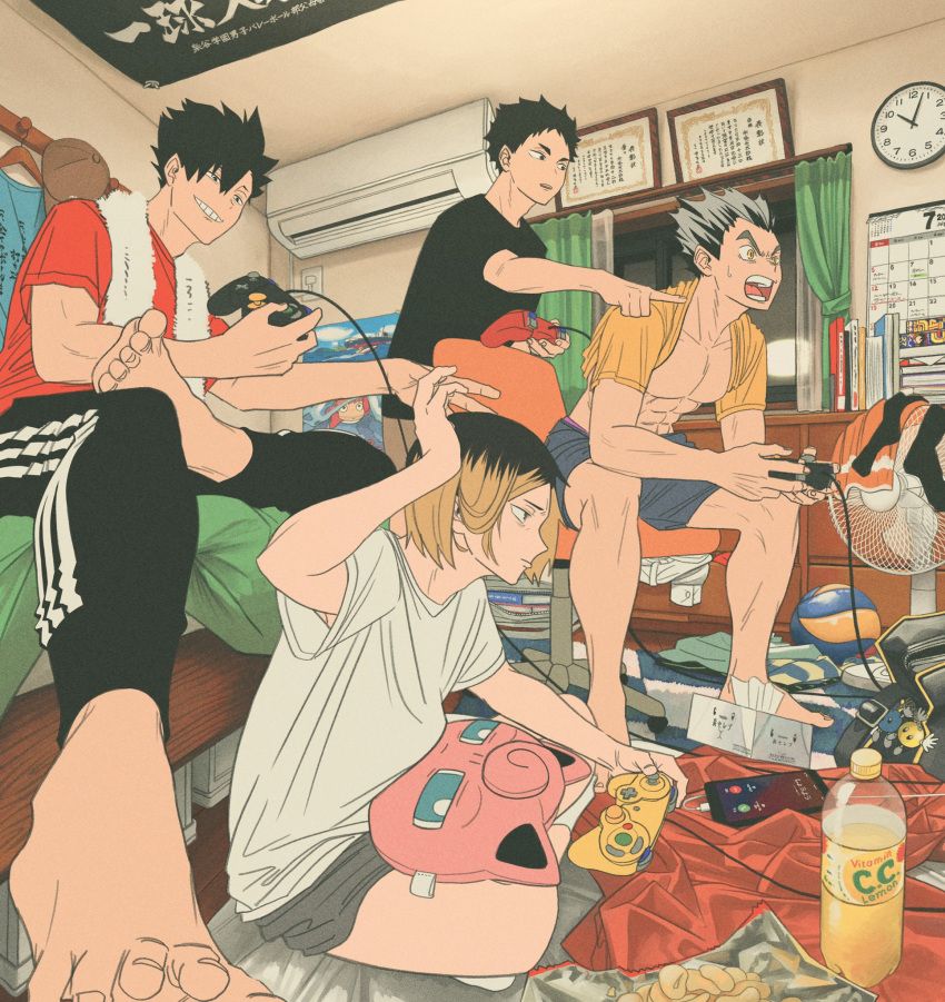 4boys abs adidas barefoot bed blonde_hair calendar_(object) cellphone character_request clock controller crossed_legs feet foreshortening gake_no_ue_no_ponyo gamecube_controller grin haikyuu!! highres holding holding_controller indoors jigglypuff kozume_kenma kuroo_tetsurou male_focus movie_poster multicolored_hair multiple_boys on_bed open_mouth phone ponyo red_shirt roots_(hair) shirt shorts sitting smartphone smile tissue_box two-tone_hair urachan1629 volleyball yellow_eyes