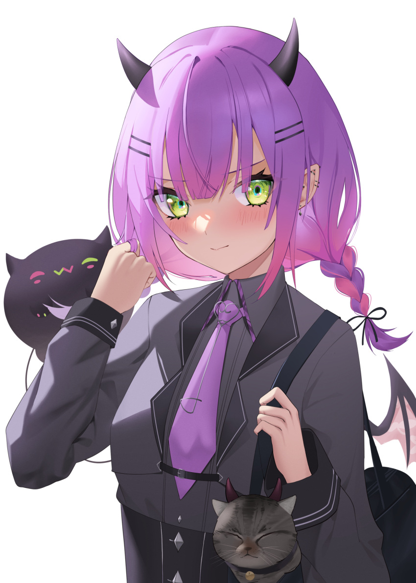 1girl animal bag bangs bibi_(tokoyami_towa) blush braid cat demon_girl demon_horns demon_wings ear_piercing green_eyes hair_ornament hairclip highres hololive horns jmao long_hair long_sleeves looking_at_viewer necktie piercing pointy_ears purple_hair purple_necktie school_bag simple_background solo tokoyami_towa twin_braids virtual_youtuber white_background wings