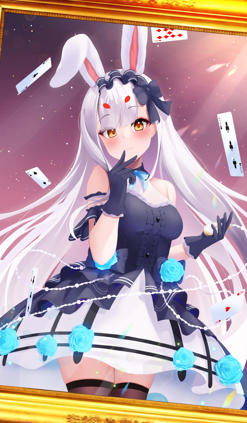 1girl absurdres azur_lane black_gloves blue_flower breasts brown_thighhighs card dress flower frilled_gloves frills gloves hairband highres layered_dress lolita_hairband long_hair looking_at_viewer medium_breasts official_alternate_costume playing_card purple_dress rabbit_girl shimakaze_(azur_lane) shimakaze_(the_white_rabbit_of_wonderland)_(azur_lane) short_dress sleeveless sleeveless_dress solo standing sumisumi4268 thighhighs two-tone_dress very_long_hair white_dress yellow_eyes zettai_ryouiki