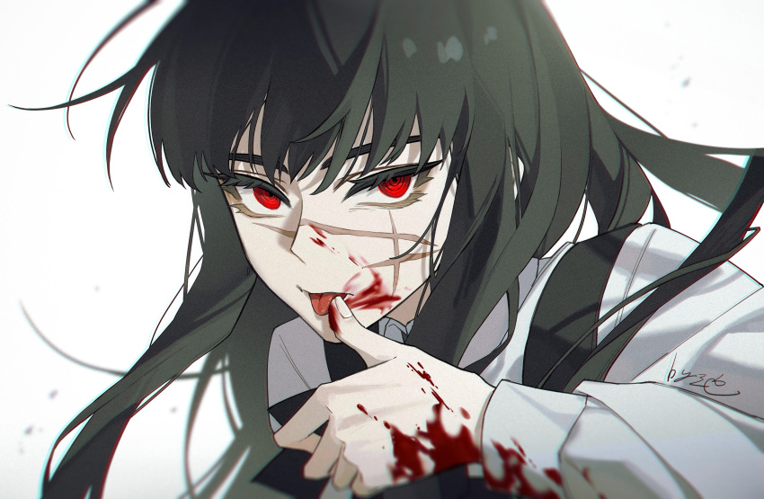1girl artist_name bangs black_hair blood blood_on_clothes blood_on_face blood_on_hands chainsaw_man chinese_commentary commentary_request finger_to_mouth floating_hair hand_up highres licking_blood licking_lips long_hair long_sleeves looking_at_viewer mitaka_asa portrait red_eyes ringed_eyes san_se_ling_(thelostcity272) scar scar_on_cheek scar_on_face school_uniform serious shirt signature simple_background solo tongue tongue_out war_devil_(chainsaw_man) white_background white_shirt