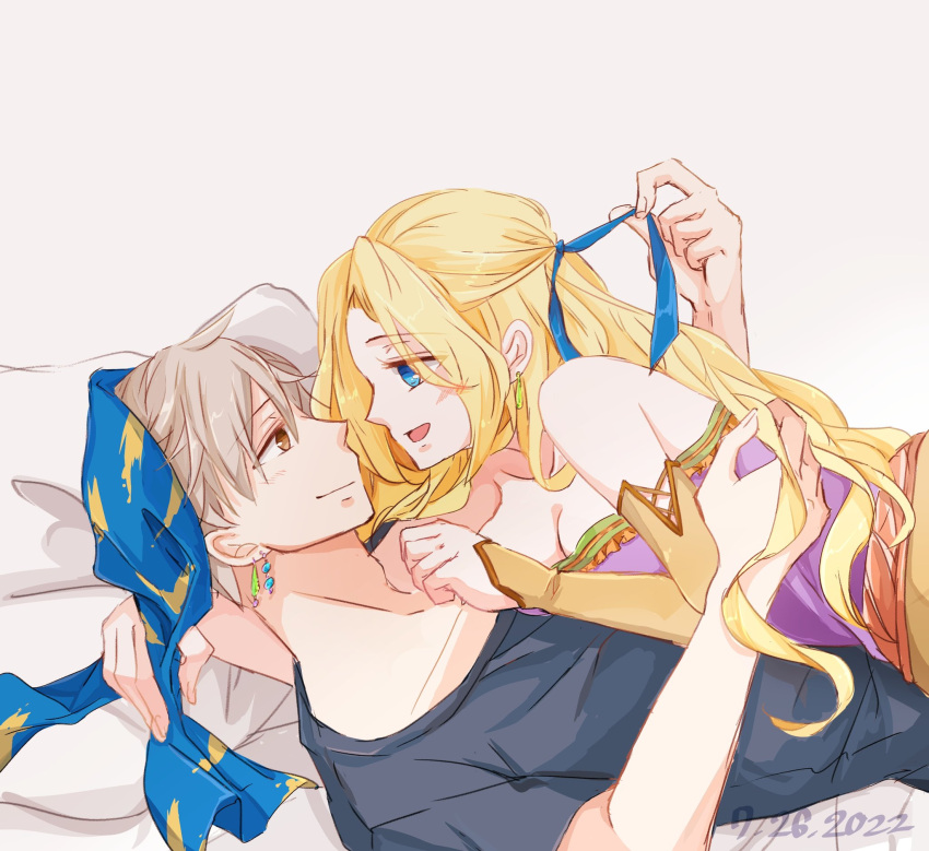 1boy 1girl arm_around_neck bare_shoulders black_shirt blonde_hair blue_eyes blue_ribbon blush breasts brown_eyes celes_chere cleavage couple detached_sleeves dress earrings final_fantasy final_fantasy_vi ginshachi girl_on_top grey_hair hair_ribbon hair_scarf hand_in_another's_hair hand_on_another's_chest highres jewelry lace-up_sleeves lock_cole long_hair looking_at_another medium_breasts open_mouth pillow ribbon shirt short_hair smile strapless strapless_dress t-shirt upper_body white_background