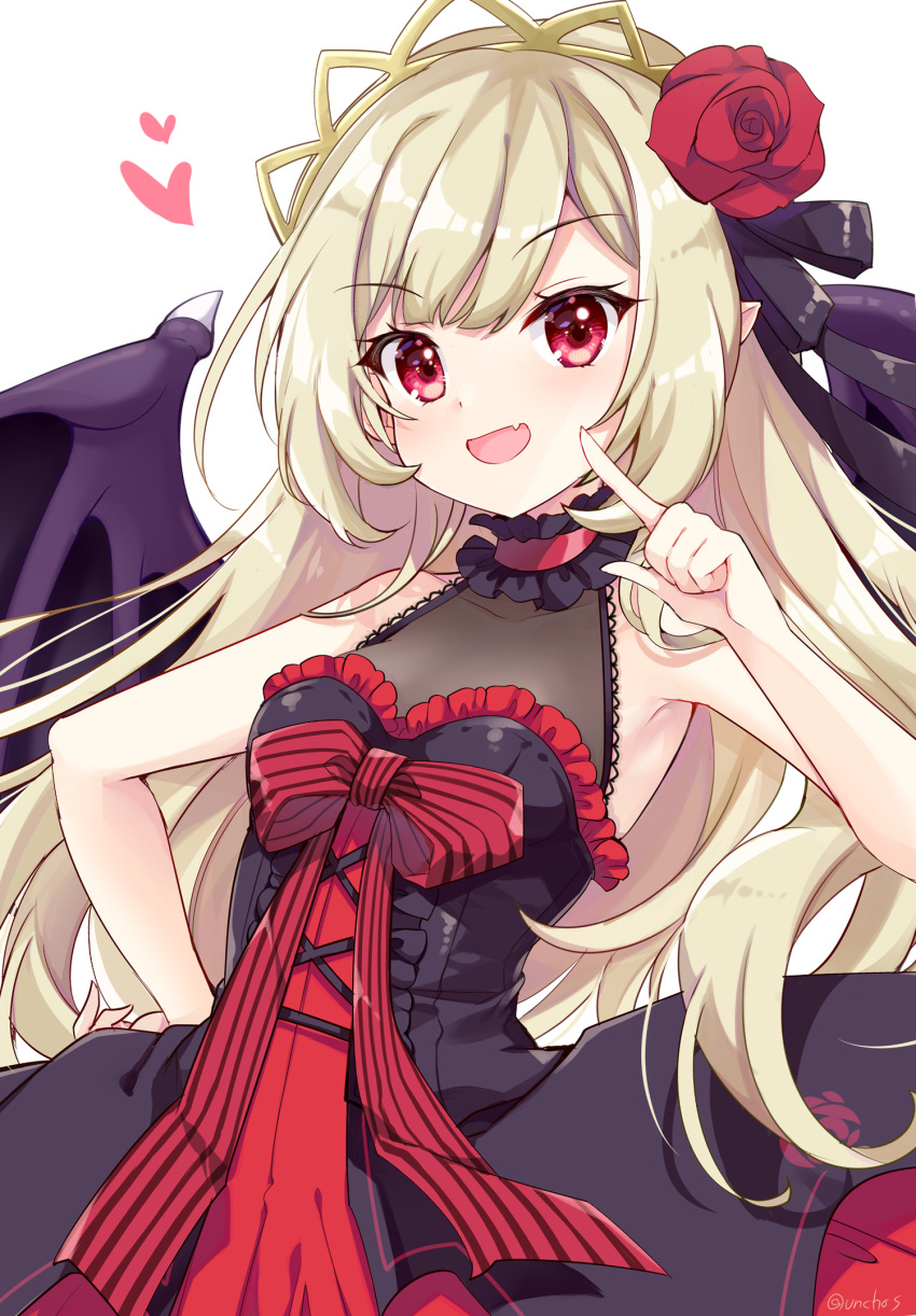1girl bangs bare_arms bat_wings black_dress blonde_hair blunt_bangs bow center_frills choker collarbone dress dress_bow ecute fang finger_to_cheek flower frilled_choker frilled_dress frills hair_flower hair_ornament hair_ribbon hand_on_hip hand_up heart highres hinata_momo jashin-chan_dropkick lace_trim long_hair looking_at_viewer open_mouth pointy_ears red_choker red_eyes red_flower red_rose ribbon rose signature simple_background skin_fang smile solo swept_bangs tiara twitter_username upper_body white_background wings