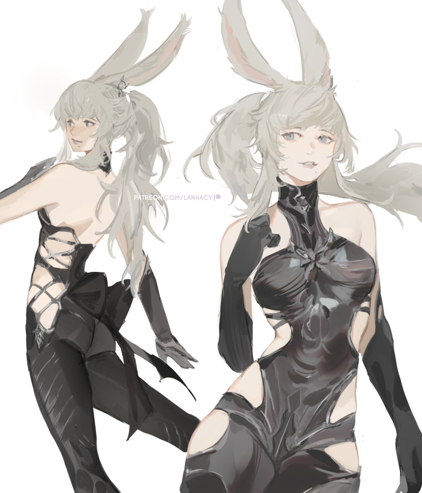 1girl animal_ears avatar_(ff14) back back_bow bare_shoulders black_bow black_gloves bow closed_mouth cosplay earrings elbow_gloves eyeshadow final_fantasy final_fantasy_xiv gloves grey_background grey_eyes grey_eyeshadow grey_hair half-closed_eyes highres jewelry lanhacy long_hair makeup mole mole_under_mouth multiple_views omega-f omega-f_(cosplay) parted_lips patreon_username ponytail rabbit_ears simple_background single_earring smile turtleneck viera