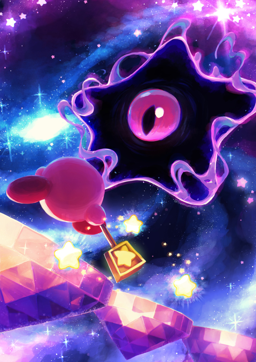 absurdres aura battle commentary crystal dark_nebula galaxy highres holding kirby kirby_(series) kirby_squeak_squad looking_at_viewer monster no_humans platform purple_eyes running sky slit_pupils space star_(sky) star_(symbol) starry_sky suyasuyabi triple_star twitter_username