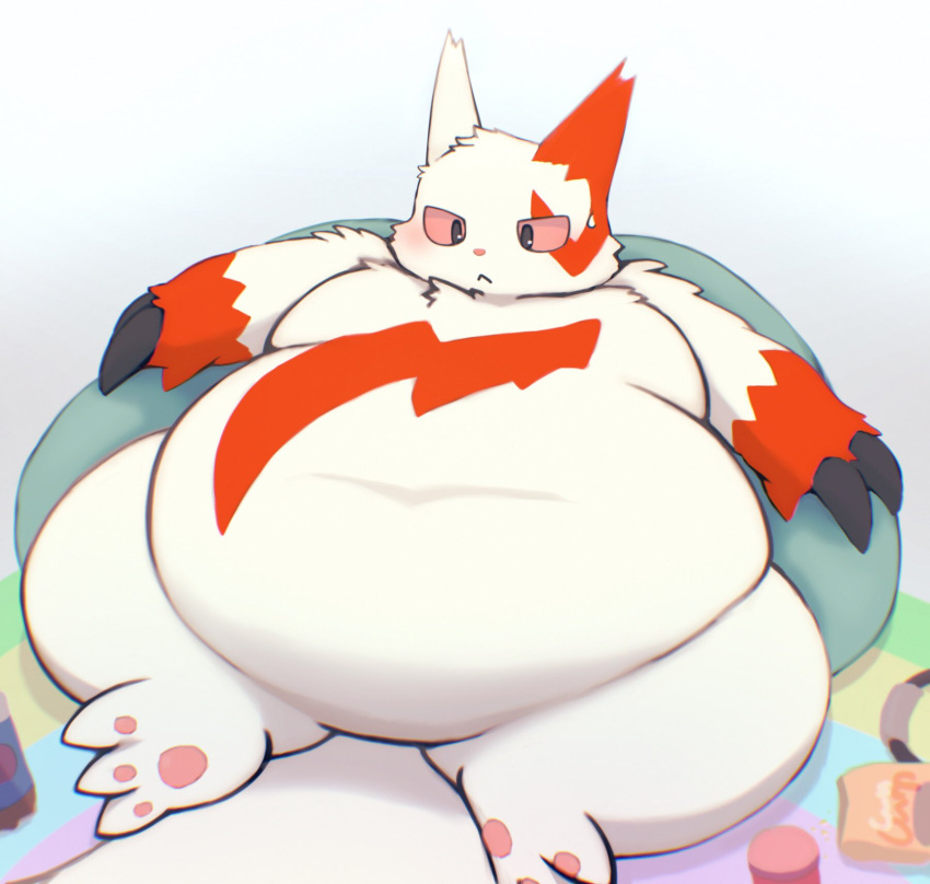 ambiguous_gender anthro belly big_belly blush bodily_fluids claws fur hi_res mammal navel nintendo obese obese_ambiguous obese_anthro overweight overweight_ambiguous overweight_anthro pawpads paws pok&eacute;mon pok&eacute;mon_(species) red_body red_fur solo sweat sweatdrop taka_fin9623 video_games white_body white_fur zangoose