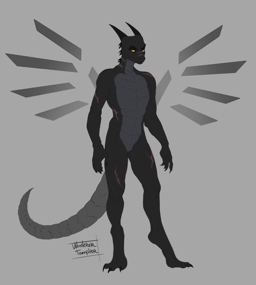 2022 absurd_res anthro black_body claws digital_media_(artwork) dragon full-length_portrait hi_res horn looking_at_viewer male metal_tail metallic_wings portrait scales scalie scar simple_background solo thal_verscholen wanderertamplior western_dragon wings yellow_eyes