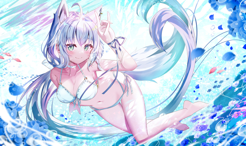 1girl absurdres ahoge air_bubble animal_ears bangs bikini blush braid breasts bubble choker cleavage collarbone commentary_request earrings fox_ears fox_girl fox_shadow_puppet fox_tail green_eyes hair_between_eyes highres hololive jewelry long_hair looking_at_viewer medium_breasts navel ribbon shirakami_fubuki sho_(runatic_moon) side-tie_bikini sidelocks single_braid smile solo submerged swimsuit tail very_long_hair virtual_youtuber white_bikini white_choker white_hair wrist_ribbon