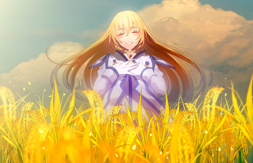 1girl bangs blonde_hair blush choker closed_eyes cloud cloudy_sky colette_brunel dress field gloves grin hair_between_eyes hands_on_own_chest highres jewelry long_hair looking_at_viewer open_mouth sky smile solo tales_of_(series) tales_of_symphonia tenryou_sena wind