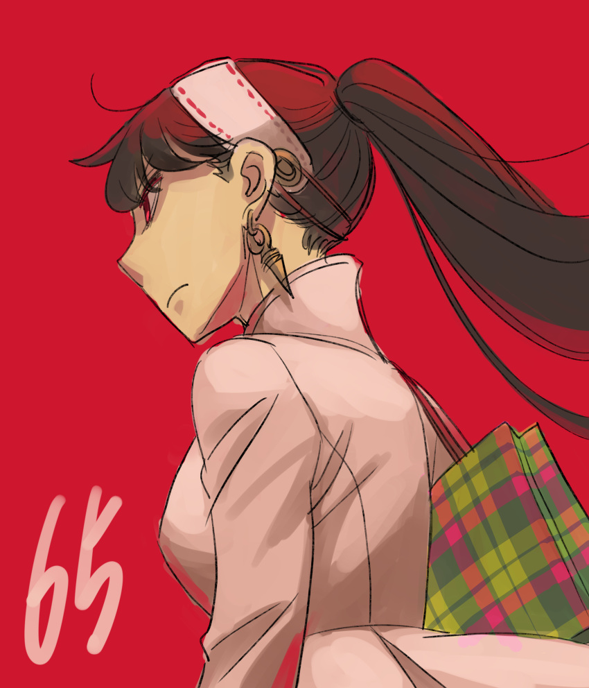 1girl absurdres black_hair breasts earrings endou_tatsuya from_side frown hairband highres jacket jewelry long_hair looking_ahead medium_breasts plaid_bag ponytail red_background red_eyes solo spy_x_family white_hairband white_jacket yor_briar