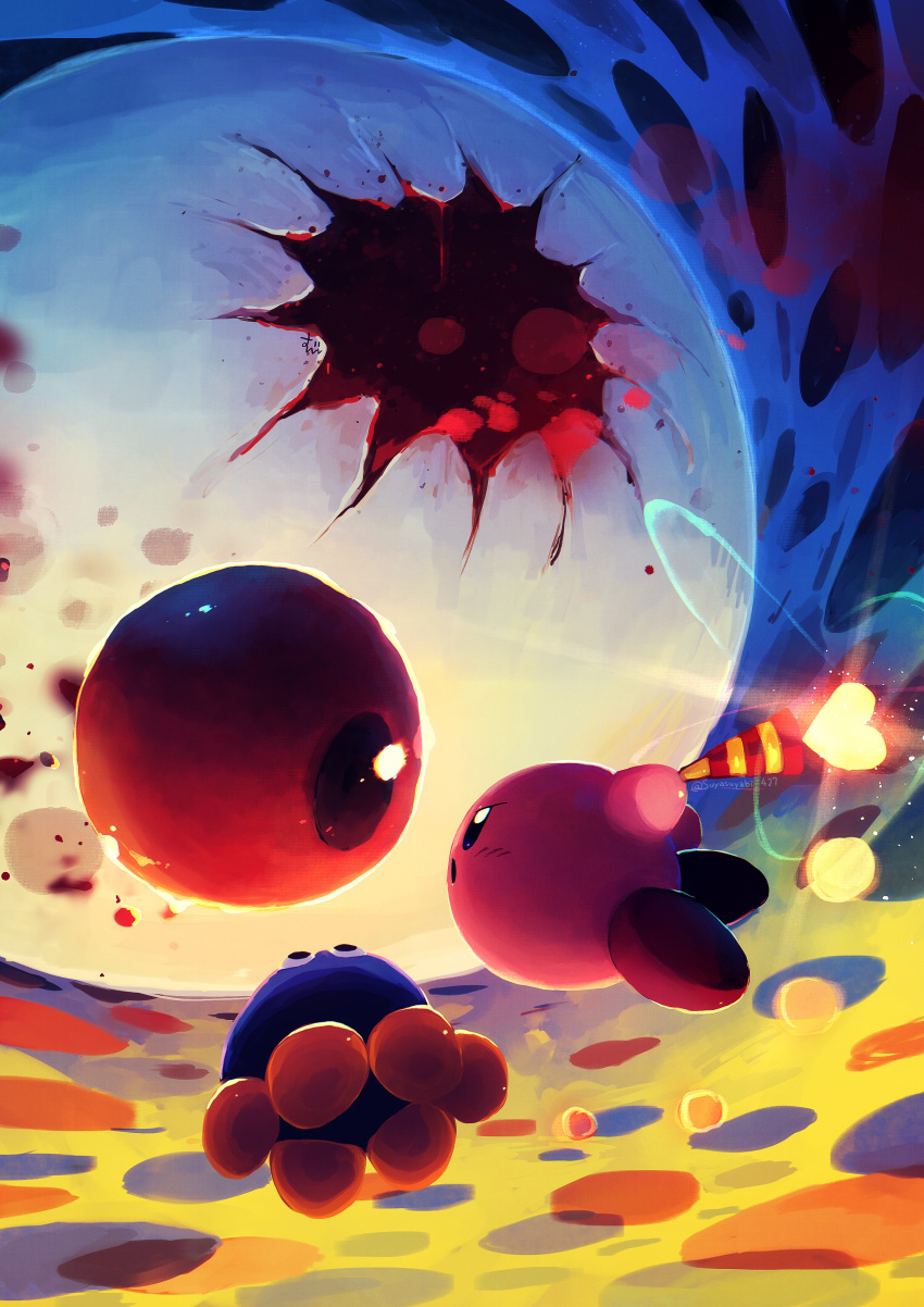 absurdres battle blush commentary crack flying gooey_(kirby) highres holding kirby kirby's_dream_land_3 kirby_(series) looking_at_another love_love_stick monster no_humans open_mouth red_eyes suyasuyabi twitter_username zero_(kirby)