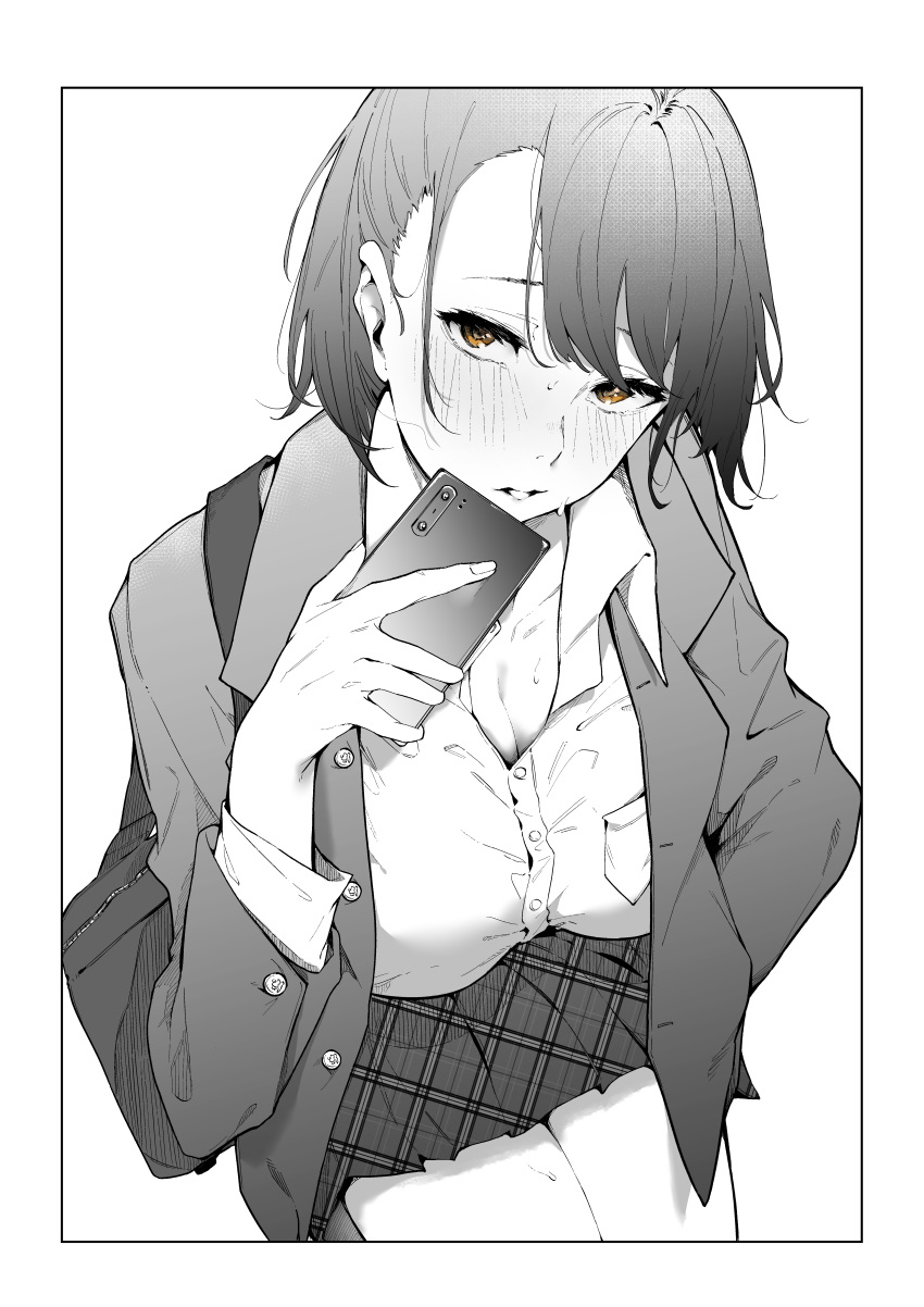 1girl absurdres bag blush border breasts brown_eyes cellphone cleavage collarbone fingernails greyscale hand_in_pocket hatching_(texture) highres holding holding_phone kosmo1214 looking_at_viewer monochrome original parted_lips phone plaid plaid_skirt school_bag school_uniform short_hair simple_background sitting skirt solo spot_color sweat uniform white_background white_border zipper