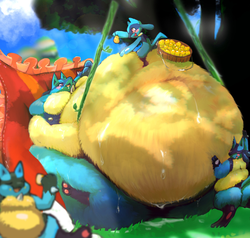 ambiguous_gender anthro belly belly_expansion belly_overhang belly_worship big_belly big_breasts blue_body blue_fur blush bodily_fluids breasts chubby_cheeks drooling eating expansion fat_rolls feeding food fruit fur group hi_res hoshino_kedama huge_thighs hyper hyper_belly hyper_thighs immobile love_handles lucario morbidly_obese narrowed_eyes navel nintendo obese on_ground overweight pillow plant pok&eacute;mon pok&eacute;mon_(species) riolu saliva sitting size_difference sweat thick_thighs video_games weight_gain wide_hips yellow_body yellow_fur