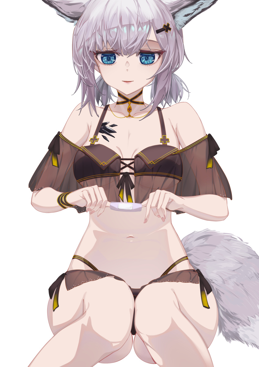 1girl absurdres animal_ears aquarius_cat arknights bandaid bangs bare_shoulders bikini black_bikini blue_eyes breasts cleavage feet_out_of_frame fox_ears fox_tail grey_hair highres holding holding_bandaid looking_at_viewer navel off-shoulder_bikini off_shoulder official_alternate_costume oripathy_lesion_(arknights) parted_lips short_hair short_sleeves simple_background sitting small_breasts smile solo stomach sussurro_(arknights) sussurro_(summer_flowers)_(arknights) swimsuit tail white_background