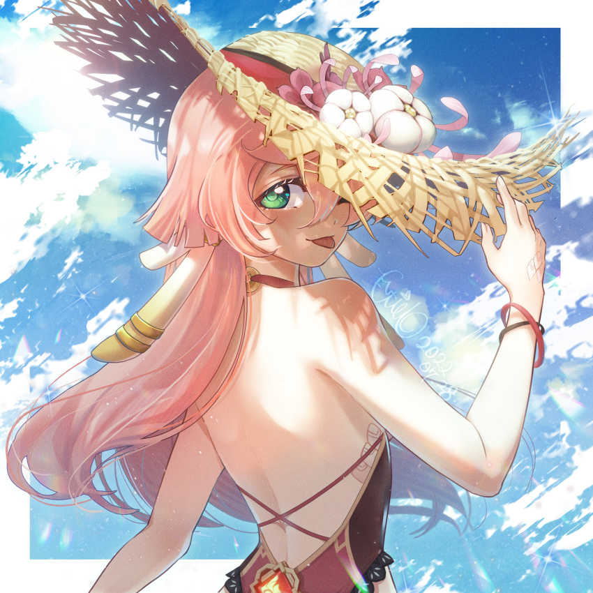 1girl ;p backless_outfit bangs bare_arms bare_back bare_shoulders blue_sky day flower from_behind genshin_impact green_eyes hair_between_eyes hair_flower hair_ornament hand_up hat highres long_hair looking_at_viewer looking_back one_eye_closed pink_hair sky solo straw_hat sun_hat tongue tongue_out upper_body vongola_x white_flower yanfei_(genshin_impact)