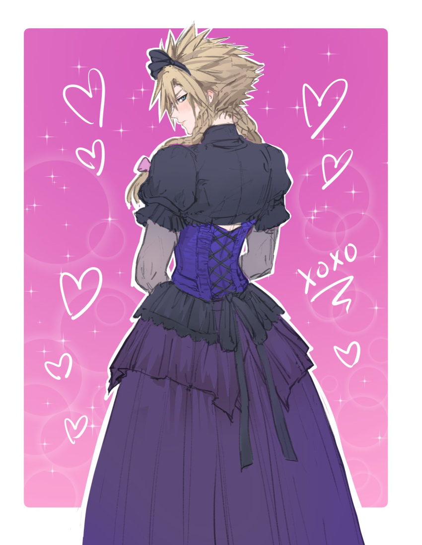 1boy aqua_eyes black_hairband blonde_hair blue_corset blush border bow braid bubble_background cloud_strife corset crossdressing dress feet_out_of_frame final_fantasy final_fantasy_vii final_fantasy_vii_remake from_behind hair_between_eyes hair_bow hairband heart highres kivavis lace-up_top long_dress long_hair looking_at_viewer looking_back male_focus official_alternate_costume pink_bag pink_bow puffy_short_sleeves puffy_sleeves short_sleeves solo sparkle spiked_hair twin_braids white_border