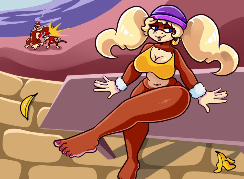 5_fingers 5_toes anthro anthrofied ape banana barefoot big_breasts blonde_hair breasts brown_body clothed clothing detailed_background diddy_kong digital_media_(artwork) donkey_kong_(character) donkey_kong_(series) feet female fingers food fruit gorilla hair haplorhine hat headgear headwear humanoid_feet kiss_the_carrot kong male mammal monkey muscular muscular_male nails nintendo plant primate shaded smile solo thick_thighs tiny_kong toenails toes video_games