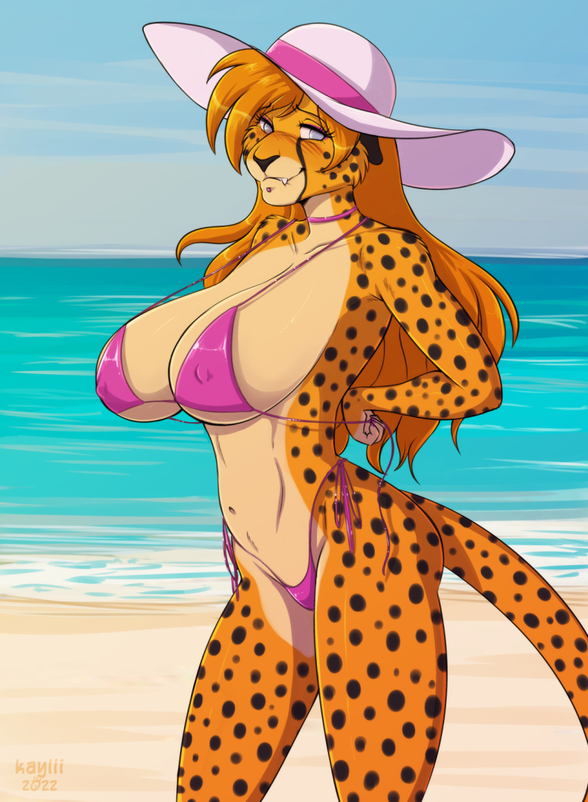 2022 anthro beach big_breasts bikini bikini_bottom bikini_top bite biting_lip biting_own_lip black_nose black_spots blush breasts butt cheetah chin_piercing clothed clothing digital_media_(artwork) dynamite_(kadath) fangs felid feline female fur hair hands_behind_back hi_res humanoid_hands kaylii looking_at_viewer mammal navel nipple_outline orange_body orange_fur orange_hair seaside self_bite signature smile solo spots spotted_body spotted_fur standing string_bikini sun_hat swimwear under_boob water