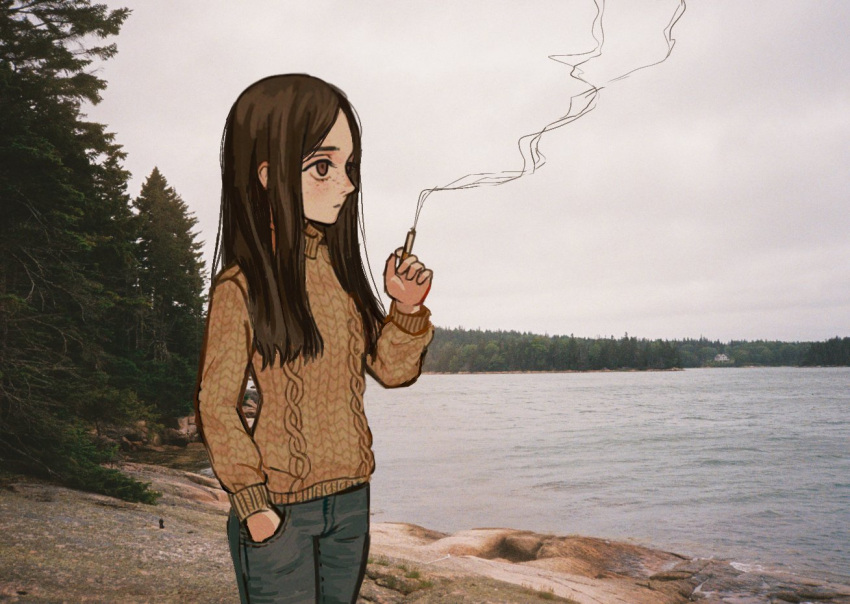 1girl bangs black_hair black_pants brown_eyes brown_sweater cigarette cloud cloudy_sky day denim emanon_(character) forest freckles grey_sky hand_in_pocket io_(onisarashi) jeans lake long_hair long_sleeves looking_away memories_of_emanon mouth_hold nature negative_space outdoors pants parted_bangs photo_(medium) photo_background sky smoke smoking solo standing sweater tree turtleneck