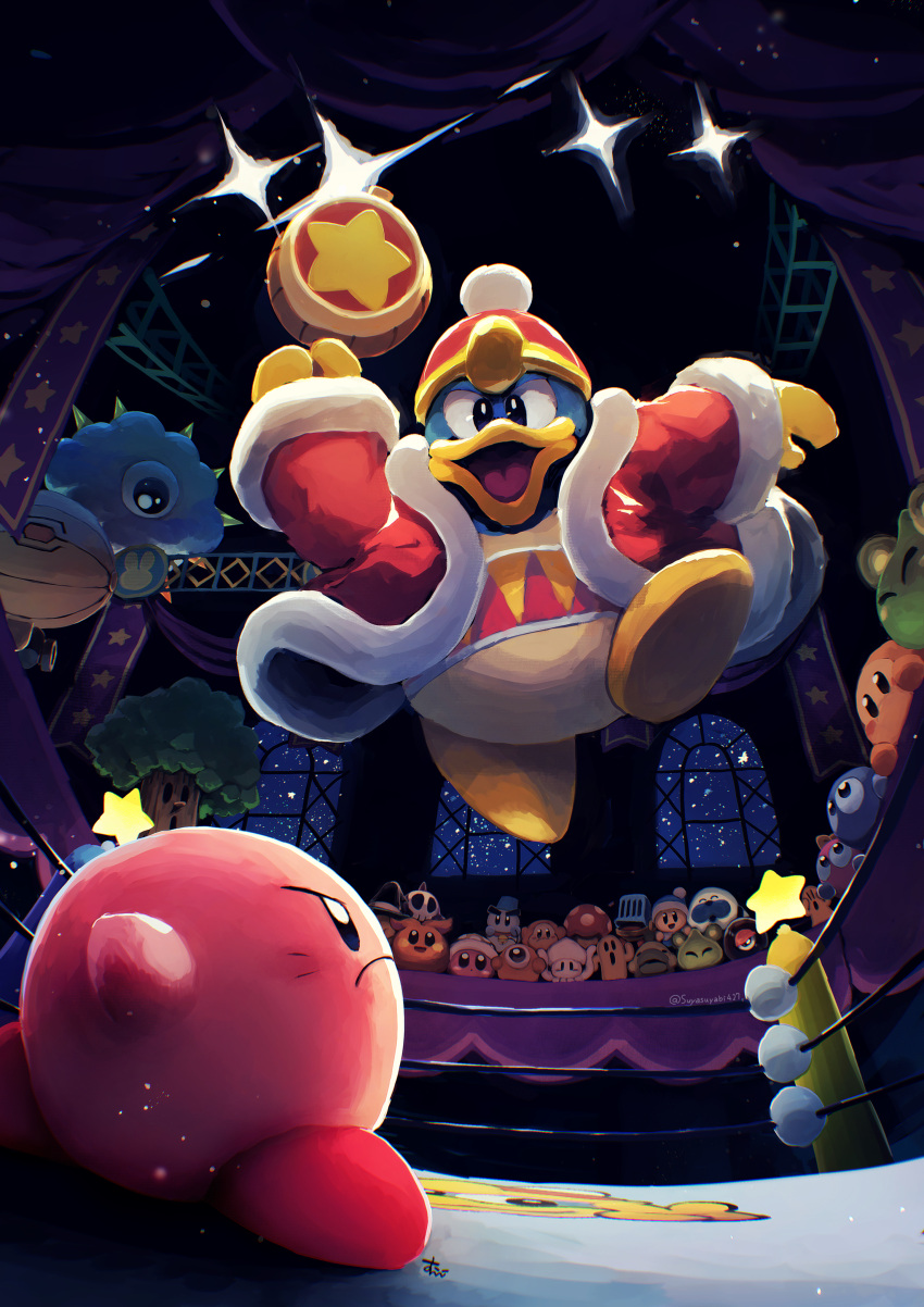 absurdres aircraft airplane battle blue_eyes bomber boxing_ring broom_hatter cappy_(kirby) chilly_(kirby) coat commentary curtains fur-trimmed_coat fur_trim hammer hat highres holding holding_hammer jumping king_dedede kirby kirby's_dream_land kirby_(series) kracko lalala_(kirby) lololo_(kirby) looking_at_another military military_vehicle mr._frosty no_humans noddy_(kirby) open_mouth pom_pom_(clothes) poppy_bros_jr red_coat red_headwear scarfy sky snooter_(kirby) sparky_(kirby) squishy_(kirby) stage_lights star_(sky) star_(symbol) starry_sky suyasuyabi twitter_username waddle_dee waddle_doo walky wheelie_(kirby) whispy_woods window