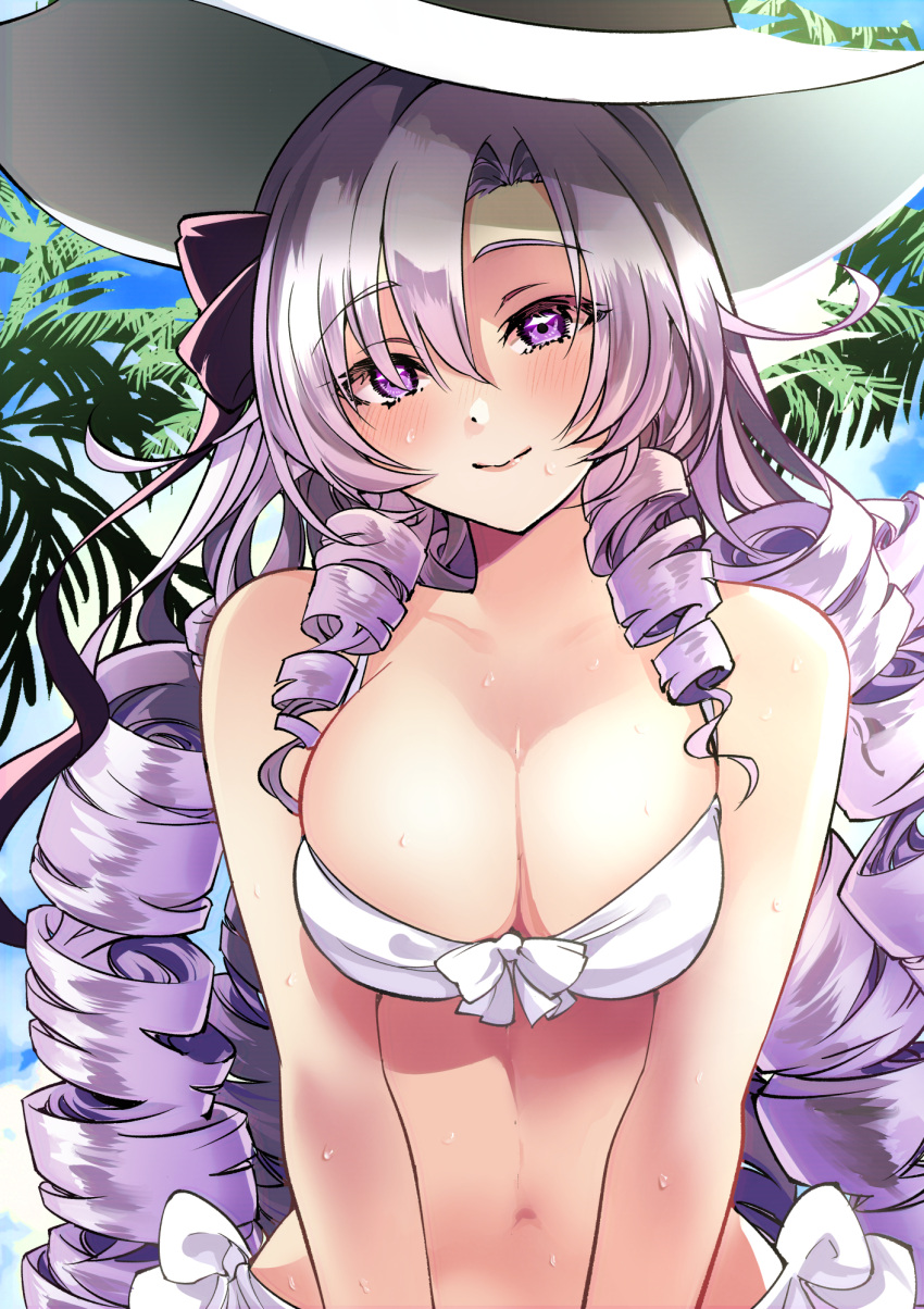 1girl bangs bikini blush breasts cleavage closed_mouth drill_hair hair_between_eyes hat head_tilt highres hyakumantenbara_salome large_breasts leaf long_hair looking_at_viewer navel nijisanji purple_eyes purple_hair sakayama_shinta smile solo sun_hat swimsuit upper_body very_long_hair virtual_youtuber white_bikini white_headwear