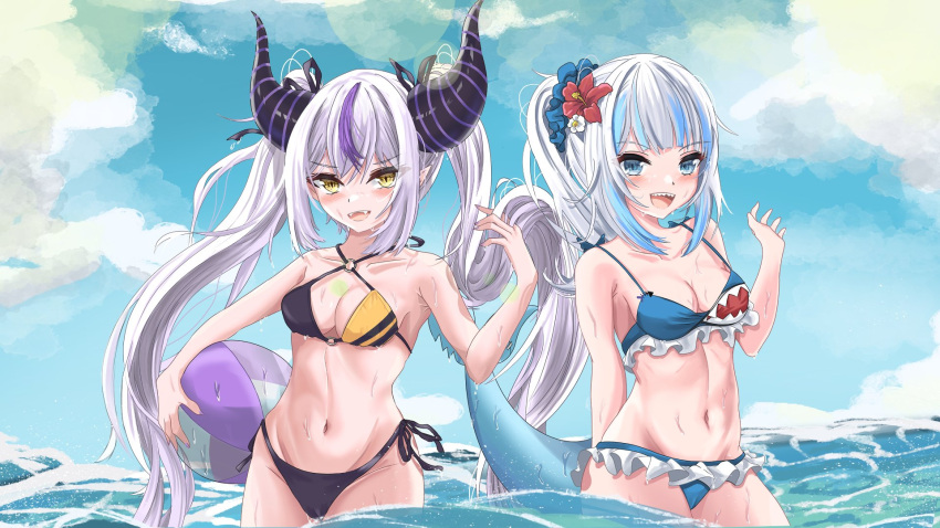 2girls bikini black_bikini blue_eyes blue_hair breasts cleavage commentary demon_girl demon_horns demon_tail english_commentary fangs fish_tail flower frilled_bikini frilled_bikini_bottom frills gawr_gura hair_flower hair_ornament halter_top halterneck highres hololive hololive_english horns la+_darknesss long_hair looking_at_viewer multicolored_hair multiple_girls navel open_mouth ponytail purple_hair shark_girl shark_hair_ornament shark_print shark_tail sharp_teeth side-tie_bikini small_breasts streaked_hair swimsuit tail teeth twintails two-tone_bikini varo_006 virtual_youtuber water white_hair yellow_bikini yellow_eyes