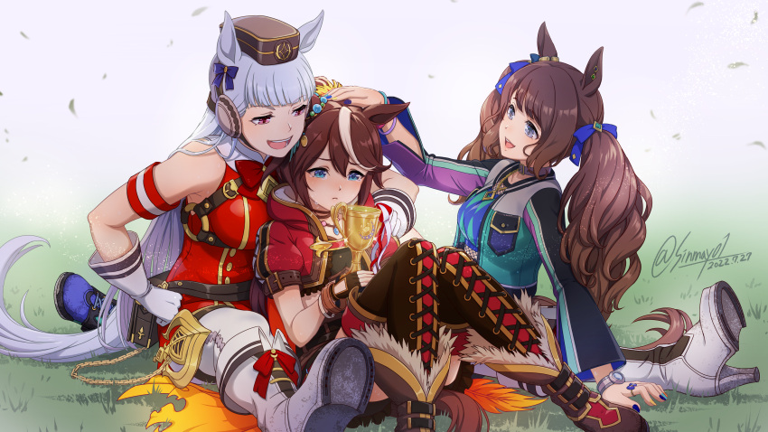 3girls absurdres animal_ears armband bangs blue_eyes boots breasts brown_gloves brown_hair commentary_request cropped_jacket cross-laced_clothes cross-laced_legwear dated fingerless_gloves glint gloves gold_ship_(umamusume) grass hand_on_another's_shoulder hat headphones high_heel_boots high_heels highres holding_trophy hood hooded_jacket horse_ears horse_girl horse_tail jacket jewelry knees_up large_breasts long_hair medium_breasts multicolored_hair multiple_girls necklace open_mouth outdoors pants pink_eyes red_jacket shinmai_(kyata) sitting sleeveless sleeveless_jacket smile streaked_hair tail tears thigh_strap tokai_teio_(beyond_the_horizon)_(umamusume) tokai_teio_(umamusume) tosen_jordan_(umamusume) trophy twintails twitter_username umamusume watch white_gloves white_pants wristband wristwatch