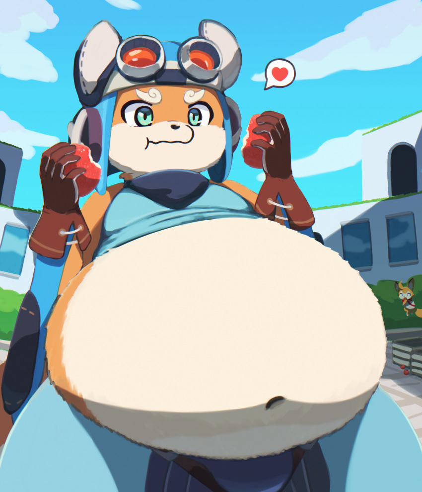 &lt;3 absurd_res anthro apple belly big_belly canid canine clothed clothing cloud eating food fox hi_res holding_food holding_object male mammal navel outside overweight overweight_male sky solo taka_fin9623