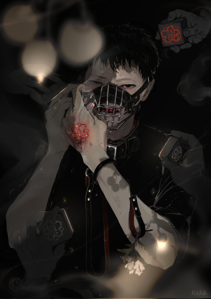 1boy adjusting_mask artist_name bangs bdsm black_hair black_shirt blurry burn_scar burning collar copyright_request dark depth_of_field eyelashes fingernails flower glowing hands_up highres holding injury leash light_particles lip_piercing looking_at_viewer male_focus marble_(toy) mikage_(yokyour18g) mole mole_under_eye mouth_hold muzzle one_eye_closed open_mouth out_of_frame piercing red_eyes saliva scar seal_impression shirt short_hair smoke solo_focus tattoo uneven_eyes upper_body