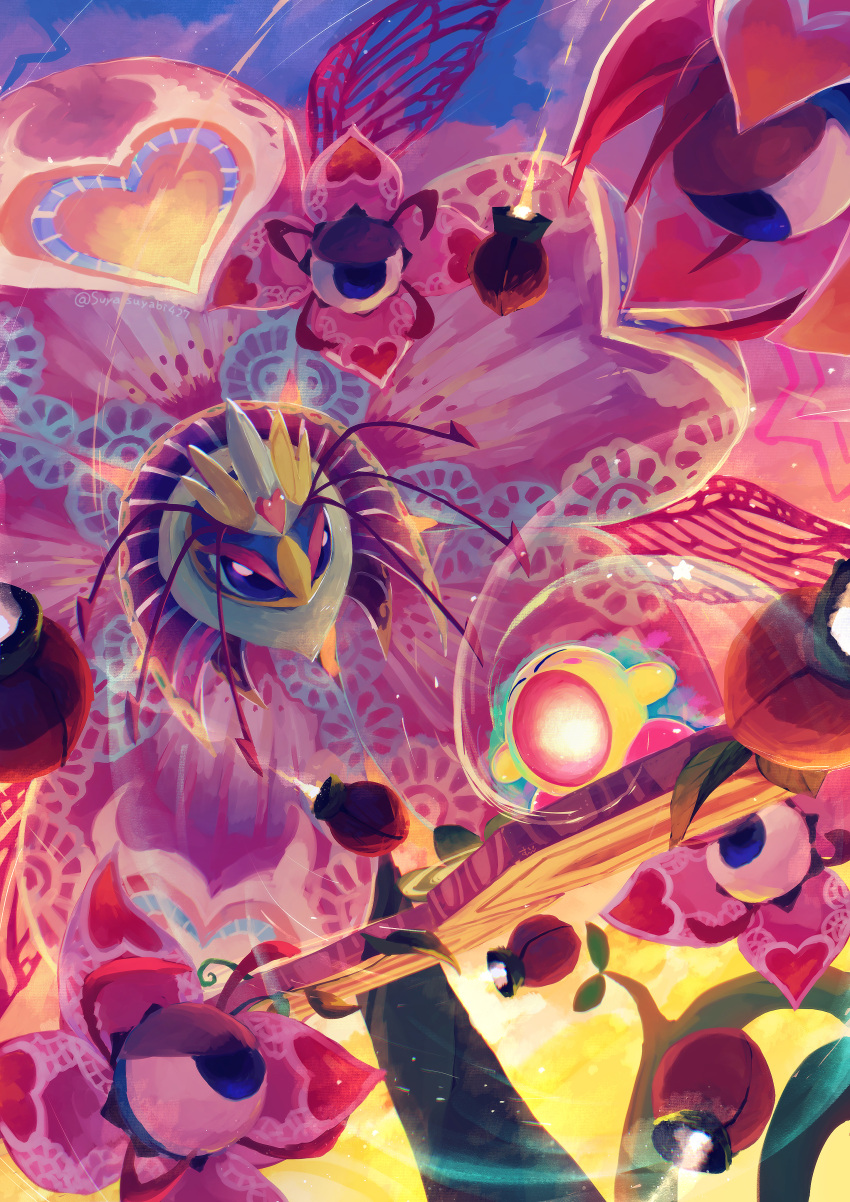 absurdres battle commentary copy_ability crown flower heart highres inhaling insect_wings kirby kirby:_triple_deluxe kirby_(series) leaf looking_at_another missile monster no_humans oversized_flower pink_flower queen_sectonia sky suyasuyabi twitter_username wings