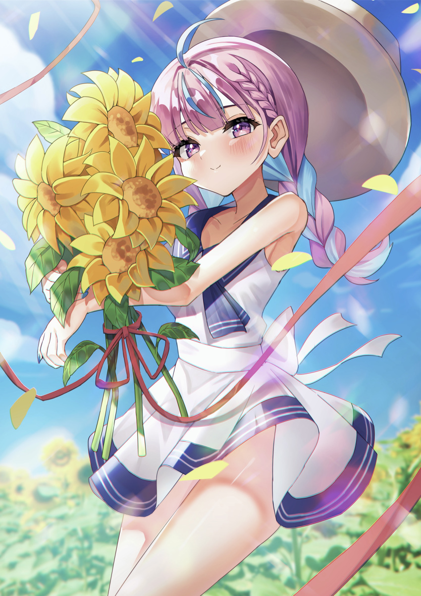 1girl absurdres ahoge bangs blue_hair blue_sky blush dress falling_petals field flower flower_field highres holding holding_flower hololive looking_at_viewer minato_aqua multicolored_hair petals purple_eyes purple_hair rykysd sky smile solo summer virtual_youtuber
