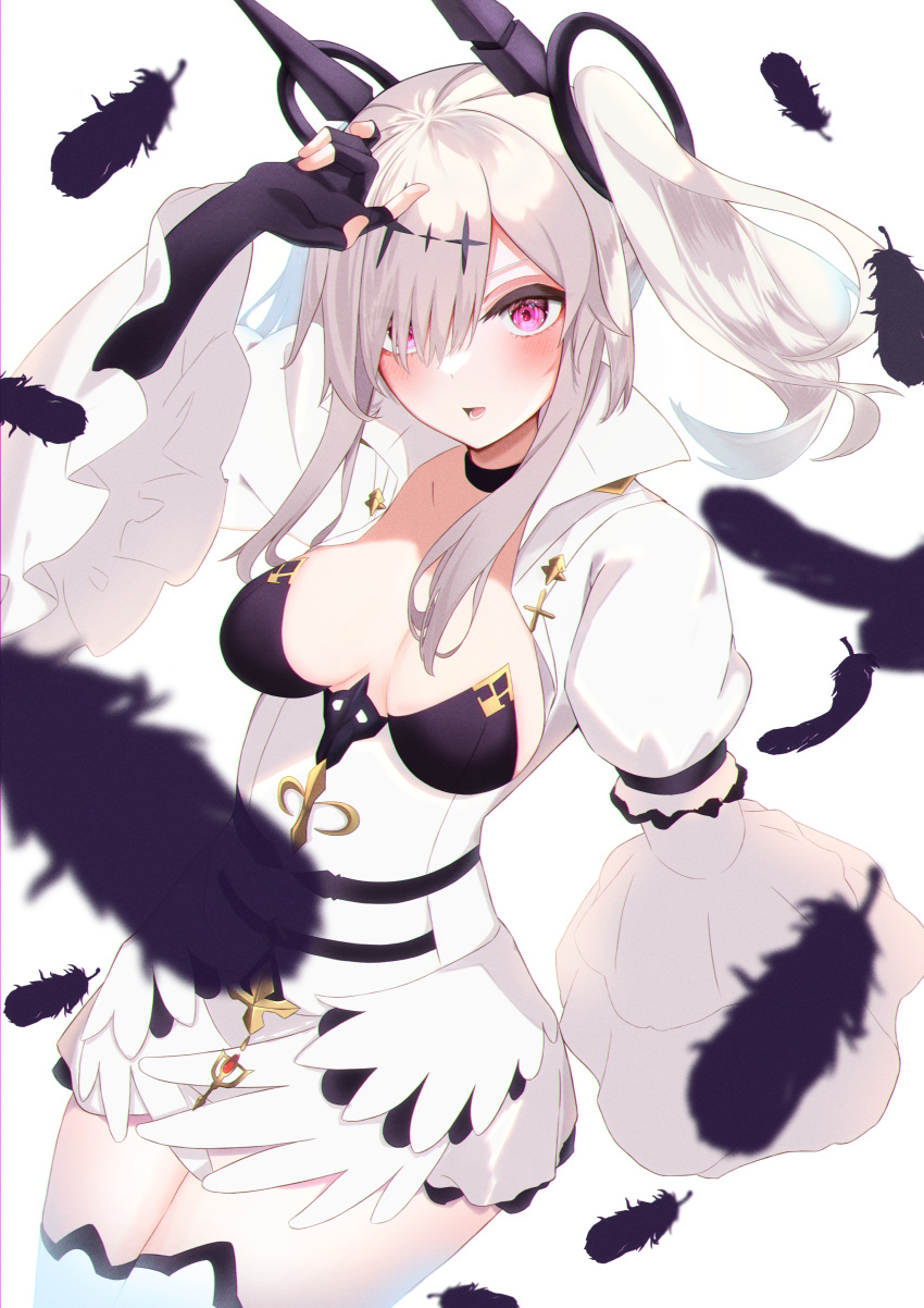 1girl absurdres azur_lane black_choker black_feathers black_gloves breasts breasts_apart choker cross_hair_ornament dress feathers fingerless_gloves fleur_de_lis framed_breasts gem gloves hair_ornament hair_over_one_eye highres iroha_uca joffre_(azur_lane) long_hair long_sleeves looking_at_viewer medium_breasts puffy_sleeves purple_eyes red_gemstone simple_background solo thighhighs twintails white_background white_dress white_hair white_thighhighs zettai_ryouiki