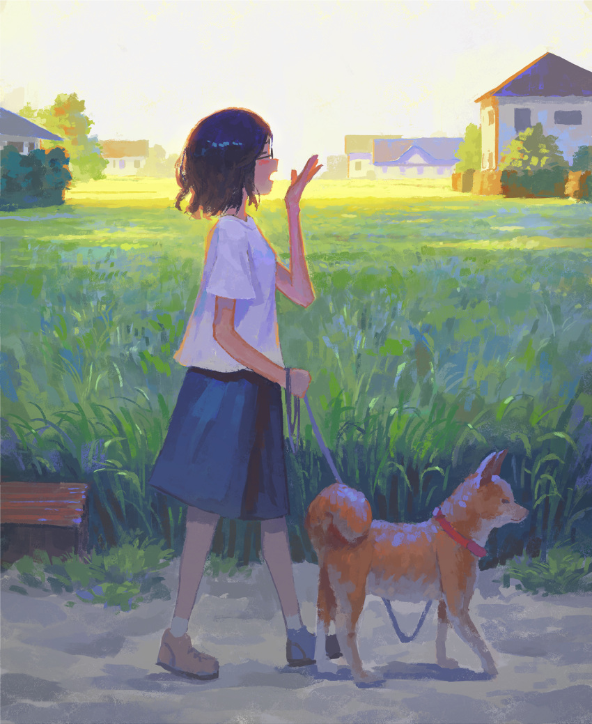 1girl animal bangs black-framed_eyewear blue_skirt blush brown_footwear brown_hair building closed_eyes commentary_request dog dog_walking fence field fjsmu glasses grass hand_up highres holding holding_leash leash open_mouth original outdoors shiba_inu shirt shoes short_hair short_sleeves skirt sky socks standing tree white_shirt white_socks yawning