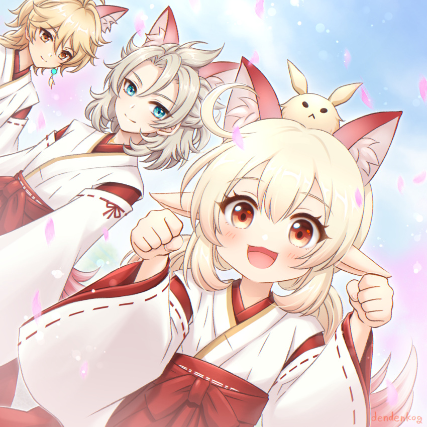 1girl 2boys :d aether_(genshin_impact) ahoge albedo_(genshin_impact) alternate_costume animal_ears bangs blonde_hair blue_eyes braid cat_boy cat_ears cat_girl cat_tail commentary_request crossdressing den_(dendenkog) dodoco_(genshin_impact) doll_on_head earrings extra_ears genshin_impact grey_hair hair_between_eyes hakama hakama_skirt highres japanese_clothes jewelry kemonomimi_mode klee_(genshin_impact) light_brown_hair long_hair long_sleeves looking_at_another looking_at_viewer low_twintails miko multiple_boys orange_eyes paw_pose ribbon-trimmed_sleeves ribbon_trim sidelocks single_braid skirt smile stuffed_animal stuffed_toy tail twintails wide_sleeves