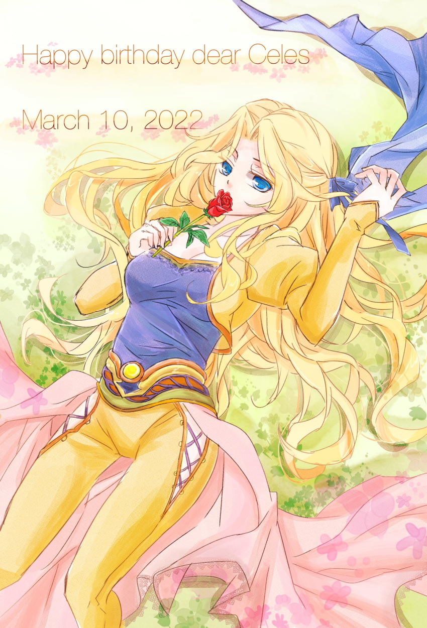 1girl bangs blonde_hair blue_eyes blue_ribbon blue_scarf blue_shirt breasts cape celes_chere cleavage cowboy_shot dated final_fantasy final_fantasy_vi flower ginshachi hair_ribbon happy_birthday highres hip_vent holding holding_flower jacket juliet_sleeves lace-up_legwear long_hair long_sleeves looking_at_viewer lying medium_breasts on_back on_ground outdoors pants parted_bangs pink_cape puffy_sleeves red_flower red_rose ribbon rose scarf shirt solo waist_cape yellow_jacket yellow_pants